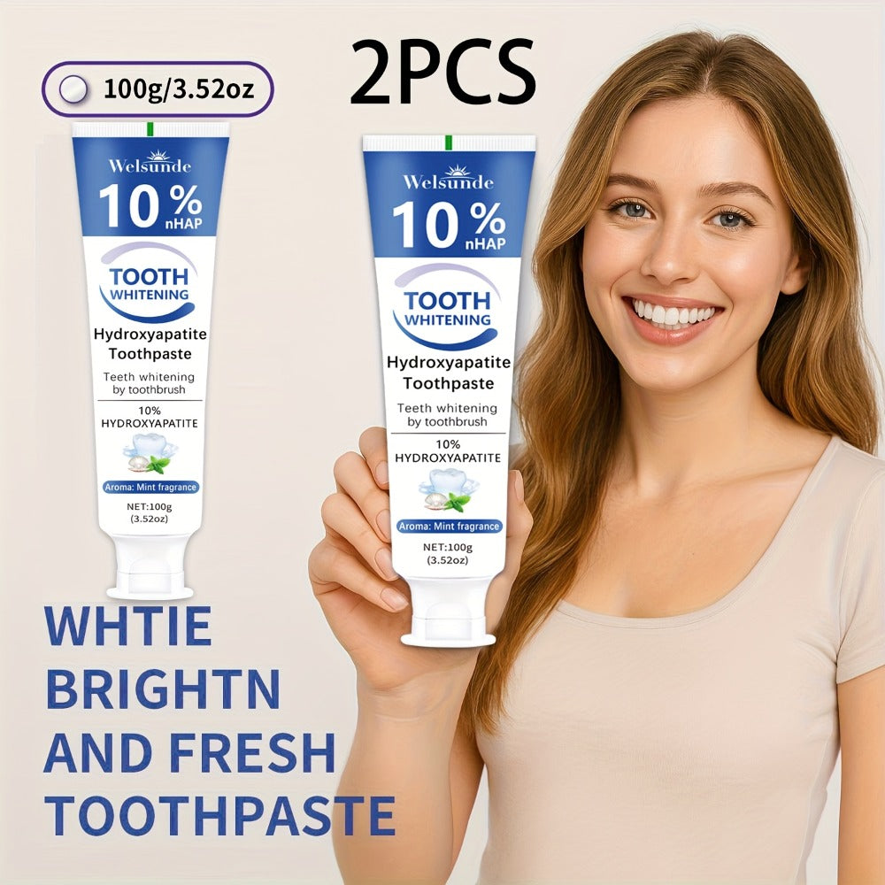 Two-Pack 100g Mint Toothpaste Tubes with 10% Hydroxyapatite Highlighted on the Package Labels
