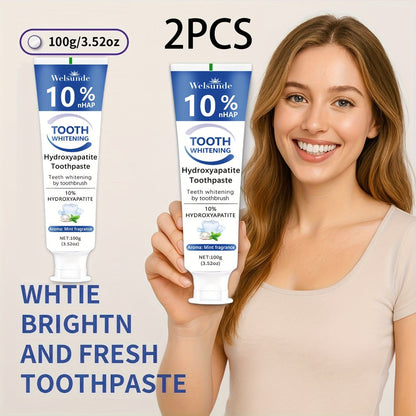 Two-Pack 100g Mint Toothpaste Tubes with 10% Hydroxyapatite Highlighted on the Package Labels