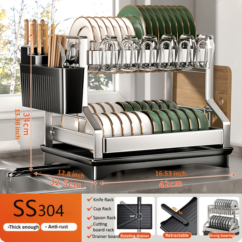 Stainless Steel Two-Tier Dish Drying Rack with Drainboard, Cup Holders, Utensil Caddy and Lid Rack