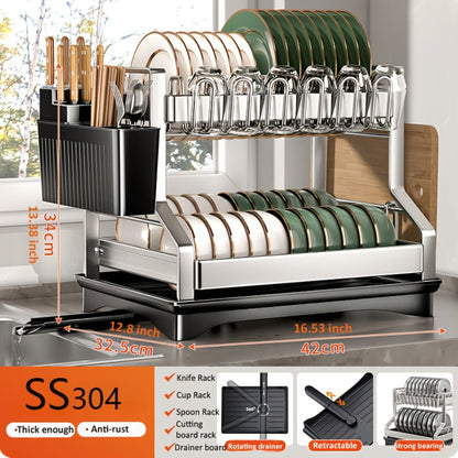 Stainless Steel Two-Tier Dish Drying Rack with Drainboard, Cup Holders, Utensil Caddy and Lid Rack