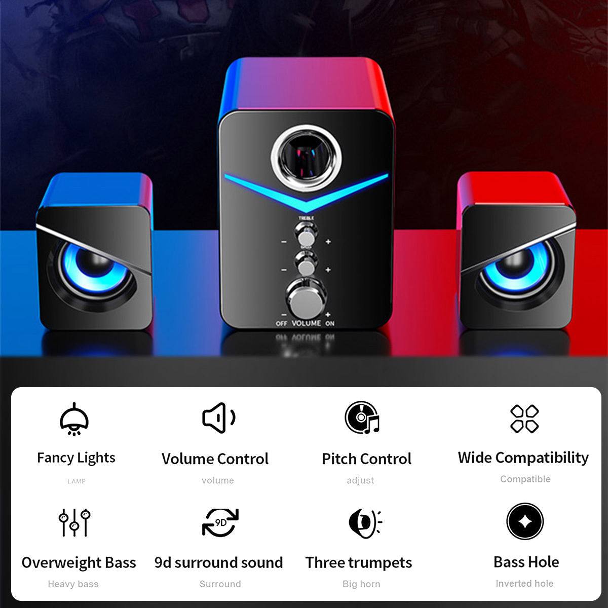 3-Piece Desktop Speaker System with Subwoofer | USB Powered PC Speakers, 3.5mm Audio Jack, Independent Bass & Treble Control, Blue LED Light – Stereo Sound for PC, Laptop, Mac & Home Office