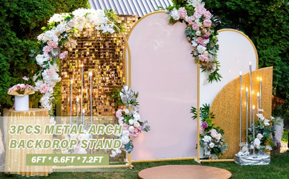 Three-Piece Gold Metal Arch Backdrop Set with 7.2FT, 6.6FT and 6FT Frames plus Seven Balloon Clips