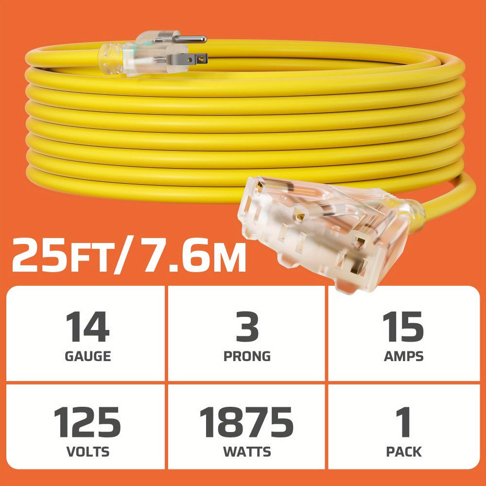 Yellow 25-Foot 14/3 Extension Cord with Three-Outlet Lighted Tri-Tap, 15A 125V and 1875W Label