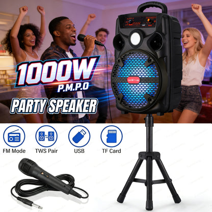 1000W Portable Party Speaker with 8-Inch Woofer & Wired Microphone, Deep Bass 2.1 Surround Sound, 8-Hour Battery, Bluetooth USB SD FM AUX, Wireless Speaker for DJ Karaoke Home Gatherings Outdoor Events