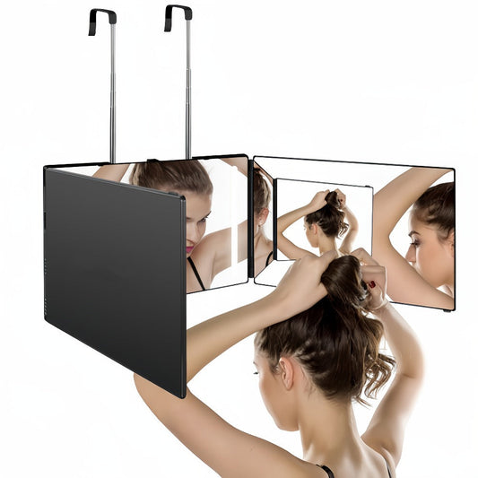 3-Way Self Haircut Mirror with LED Light & Accessories - 360° View Anti-Fog HD Glass, Height Adjustable Door Wall Table Mount, DIY Home Barber Mirror for Hair Cutting Shaving Styling Men Women