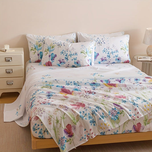 Floral Bedding Set 4-Piece – 1 Fitted Sheet + 1 Flat Sheet + 2 Pillowcases | Soft Breathable Polyester | All-Season Flower Print Bed Sheet Set | Machine Washable | Twin Full Queen King
