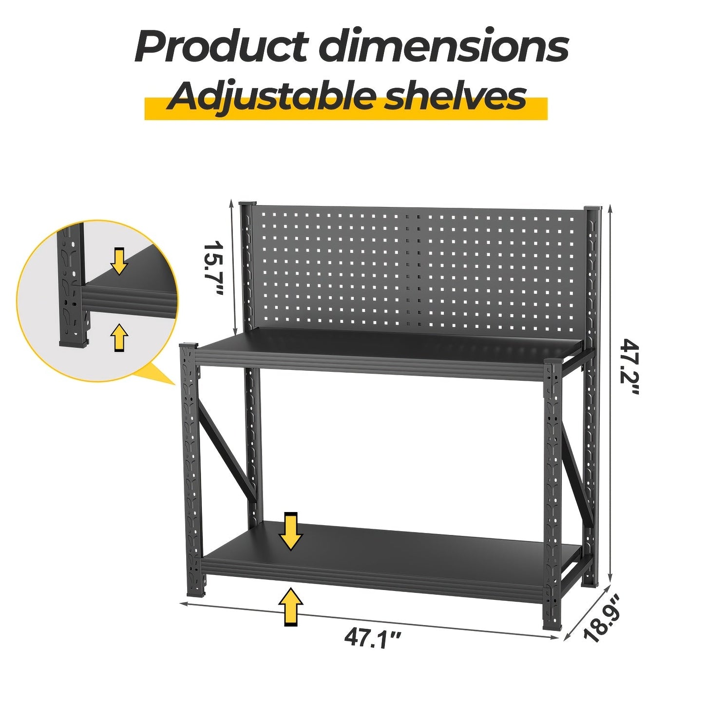 47-Inch Black Metal Workbench with Pegboard, Two Adjustable Shelves and 47.2 x 47.09 x 19-Inch Frame