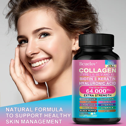 Collagen Capsules Types I II III V X with Biotin Keratin Hyaluronic Acid — Supports Skin Elasticity Hair Growth & Nail Strength | Anti-Aging Beauty Supplement | 120 Capsules
