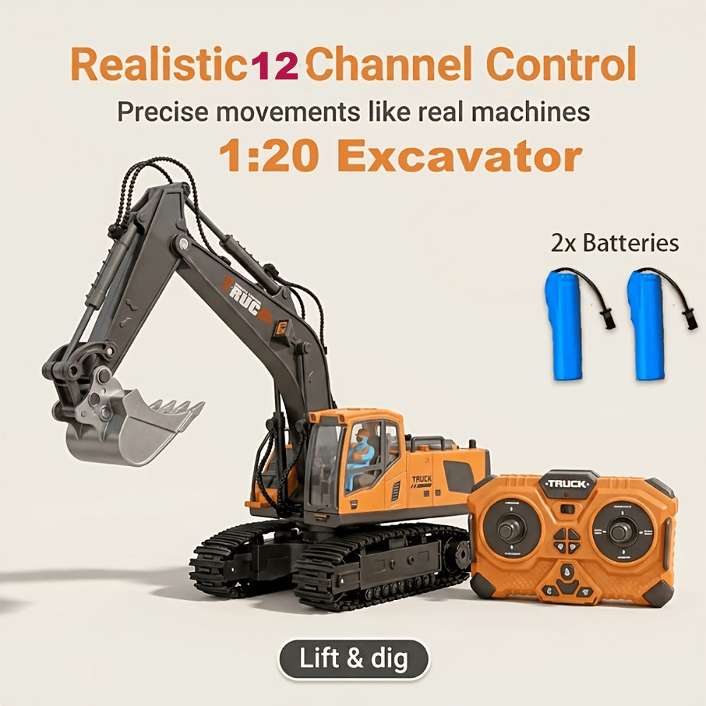 RC Construction Truck Toy 1:24 Scale Alloy Bulldozer Dump Truck & Excavator, 11-Channel Remote Control with Forward