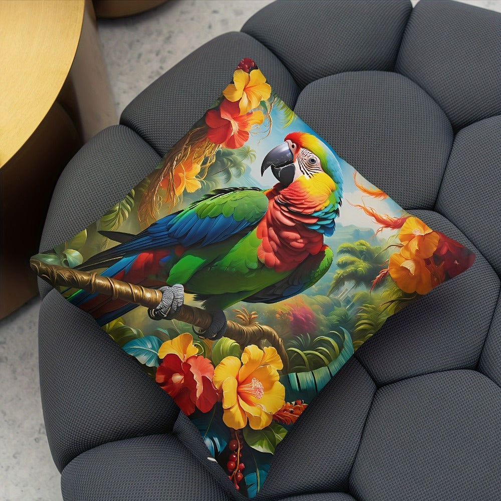Four-Piece Tropical Pillow Cover Set, 18 x 18 Inches with Parrot and Floral Prints on Polyester Covers