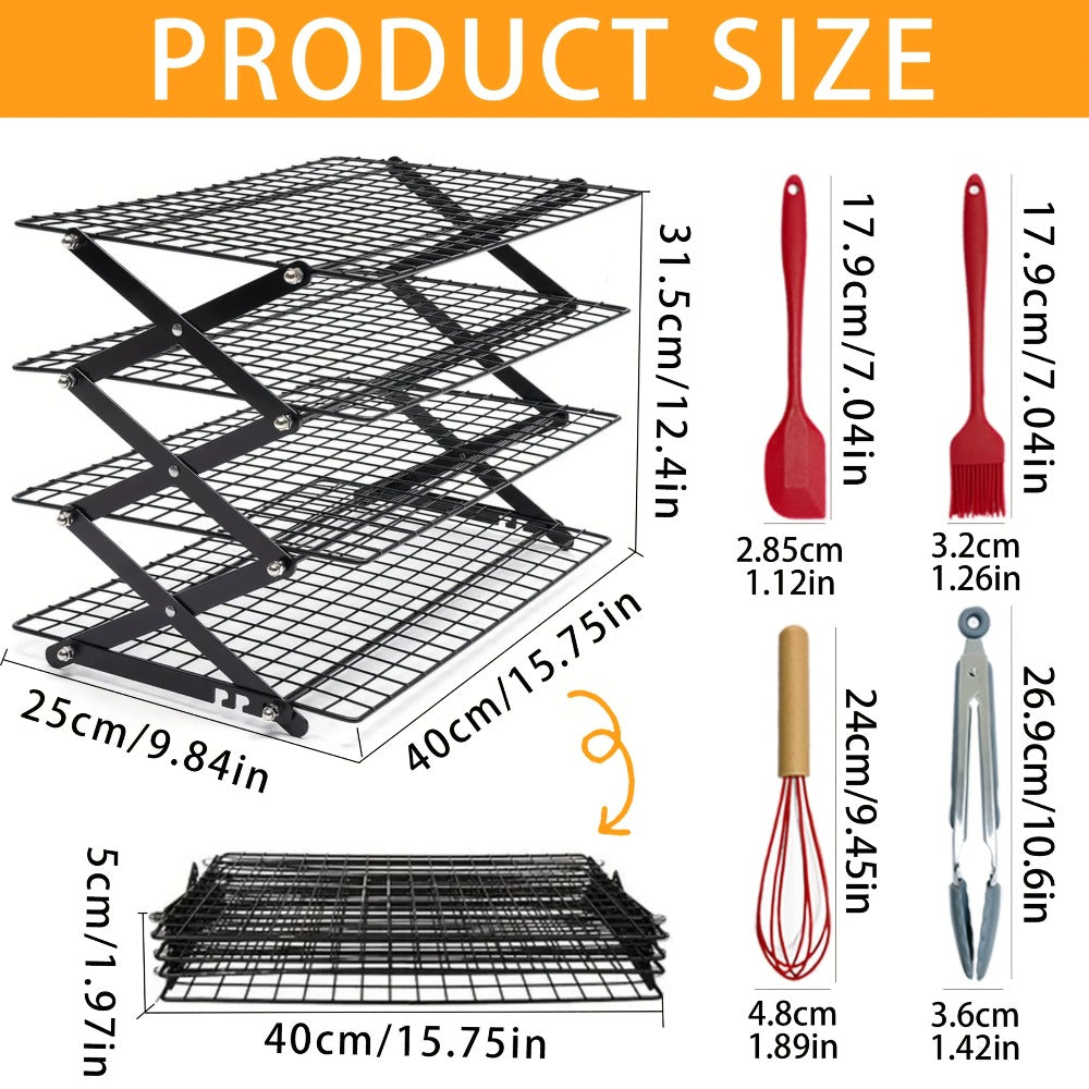Foldable Cooling Rack Set – Stackable Oven Cookie Cake Drying Rack with Free Baking Tools (Silicone Spatula, Egg Beater, Tongs, Brush) | 3/4/5 Tier Options for Kitchen, Camping & Holiday Baking