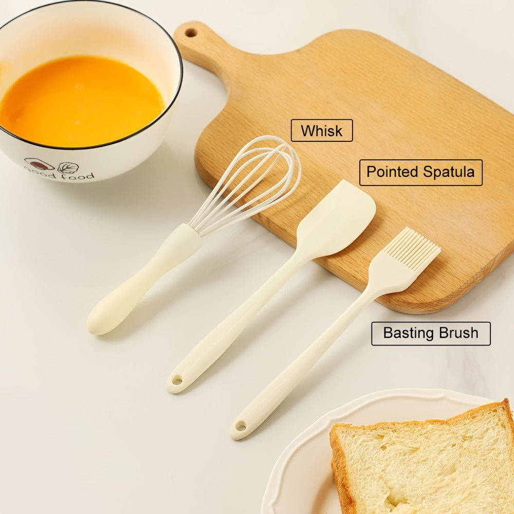 Cookware Set ABKOK 5-Piece Beige Frying Pan, Divided Breakfast Pan, Whisk, Brush and Spatula
