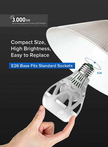 SANSI A21 LED Light Bulbs, 22W E26 Four-Pack with 3000-Lumen Marking in 3000K Warm or 5000K Daylight White