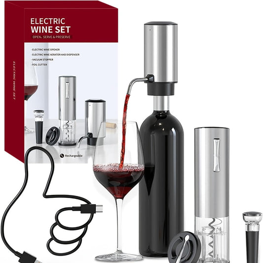 Electric Wine Opener Gift Set 7-in-1 Rechargeable Automatic Corkscrew Stainless Steel with Aerator Pourer Vacuum Stoppers Foil Cutter Storage Base