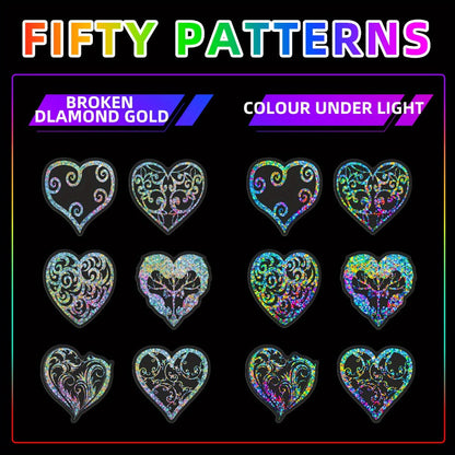 Holographic Heart Stickers 50pcs Laser Sparkling Love Decals for Laptop Phone Water Bottle Guitar Car Luggage