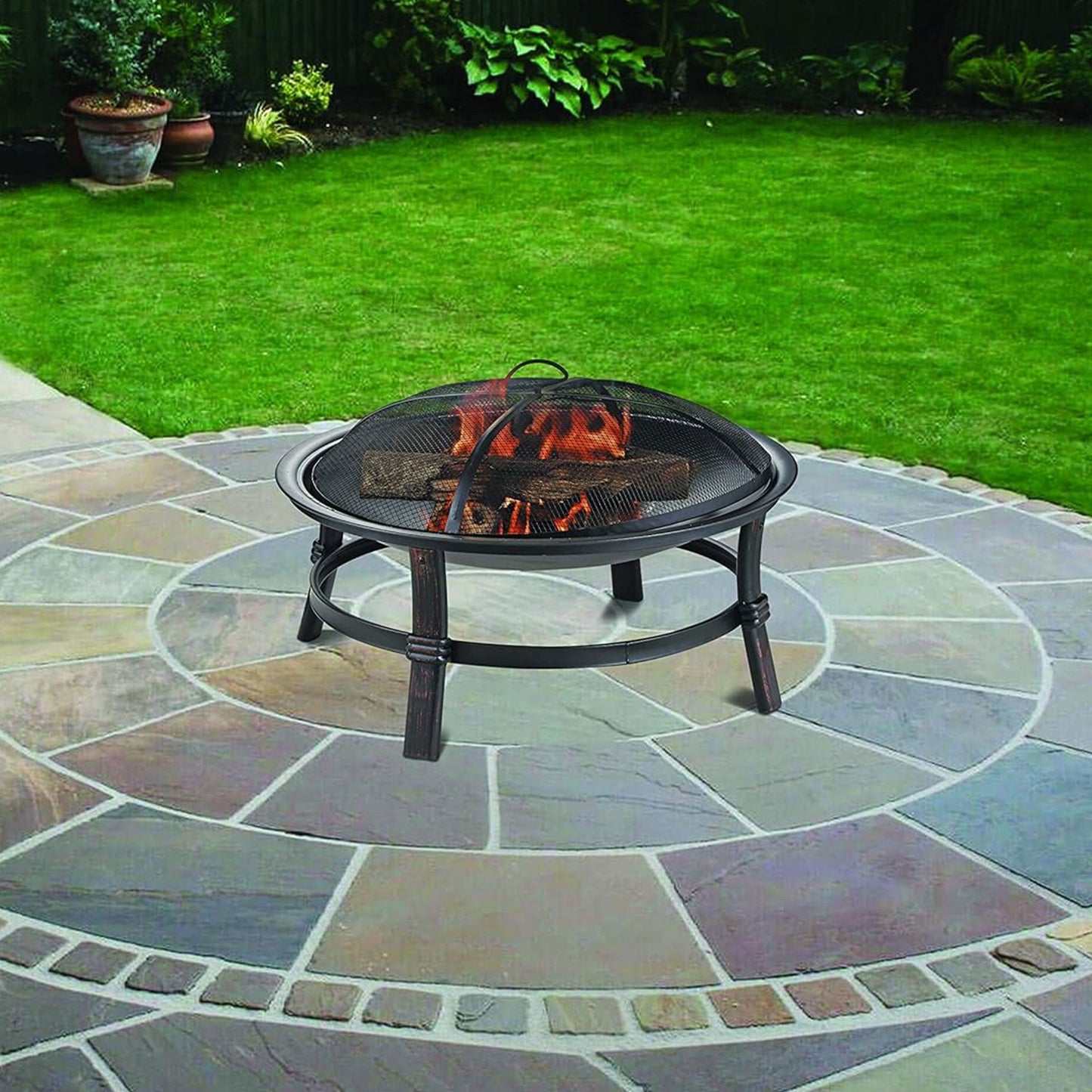 29.3-Inch Round Fire Pit Bowl with Domed Mesh Cover, Four-Leg Stand and Long Poker in Black