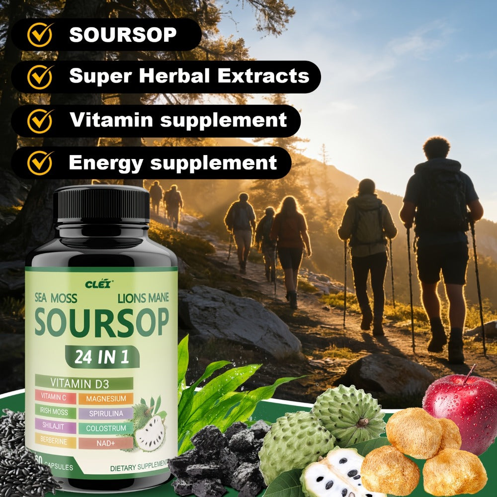 Herbal Supplement with CLEI Label, Soursop Graviola 24-in-1 Capsules, 60 Count, One or Two Bottles