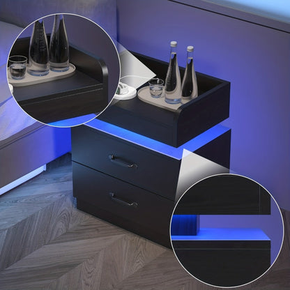 Small Nightstand with USB Charging Station & LED Lights, Compact Bedside Table with Drawer, Under 27 Inch Floor Mount