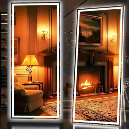 Full Length Mirror Floor Standing with LED Light - Arched & Rect Aluminum Frame Dressing Mirror for Bedroom Living Room, Black/Golden/White