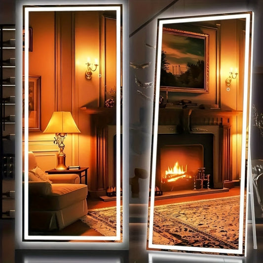 Full Length Mirror Floor Standing with LED Light - Arched & Rect Aluminum Frame Dressing Mirror for Bedroom Living Room, Black/Golden/White