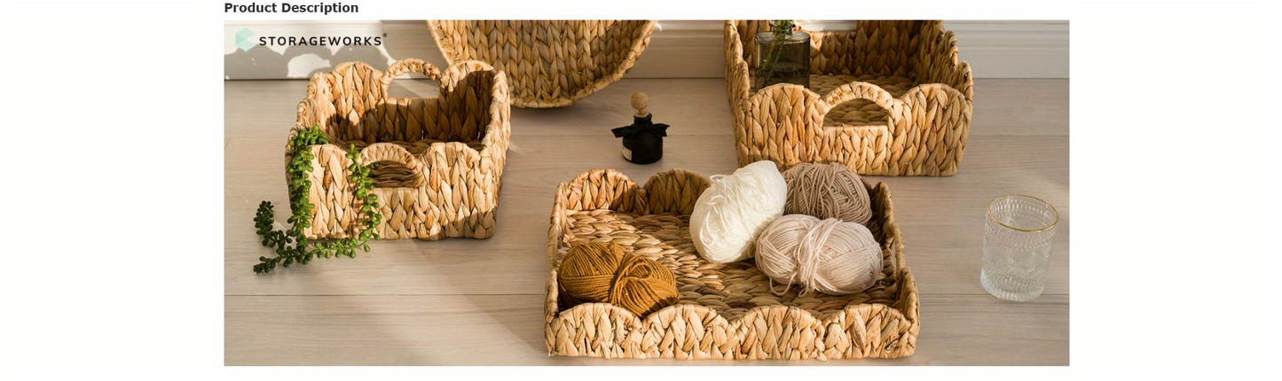 Scalloped Wicker Baskets Set of 2 - Water Hyacinth & Seagrass Woven Rattan Basket with Handles for Shelf, Nursery, Bathroom, Living Room Boho Decor