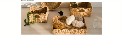 Scalloped Wicker Baskets Set of 2 - Water Hyacinth & Seagrass Woven Rattan Basket with Handles for Shelf, Nursery, Bathroom, Living Room Boho Decor