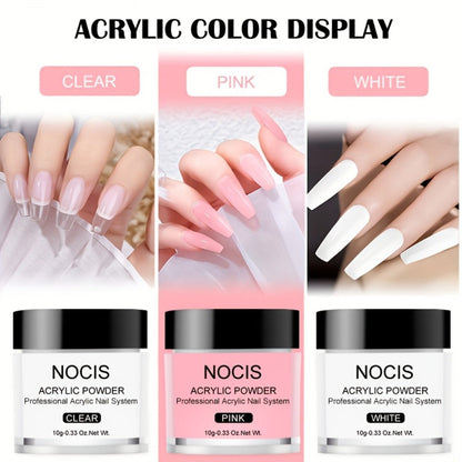 Acrylic Nail Kit NOCIS Three 10g Powders with Q Monomer, Primer, Brush Cleaner, Four Brushes and Mixing Cup