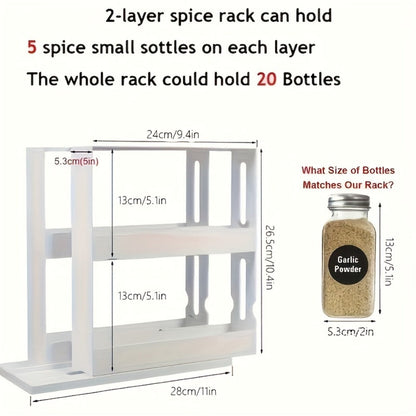 Two-Tier Rotating White Cabinet Organizer with Pull-Out Turntable Shelves for Spice and Pantry Storage