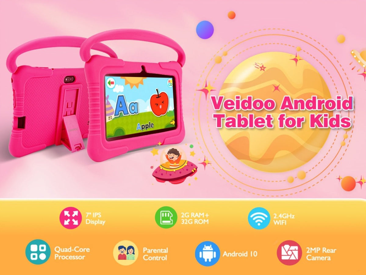 Veidoo Kids Tablet 7 Inch Eye Protection Screen 2GB RAM 32GB ROM Android WiFi Dual Camera Parental Control Educational Games Drop-Proof Silicone Cover Children Learning Tablet Pink Blue
