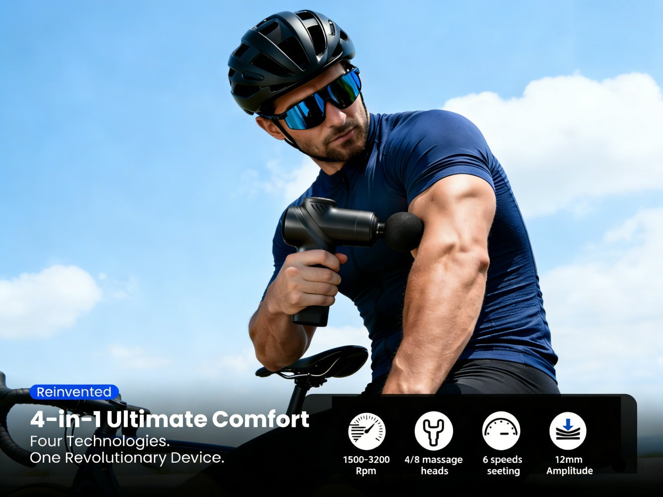 Compact Massage Gun with Six Speed Settings, Four or Eight Interchangeable Heads and Blue or Black Finish Options