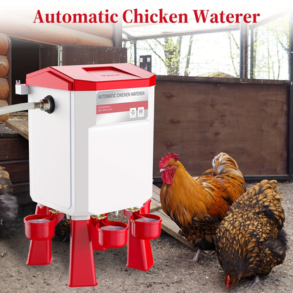 Hose-Connected Automatic Poultry Waterer with Float Valve, Four Cups and Red or Teal Color Options