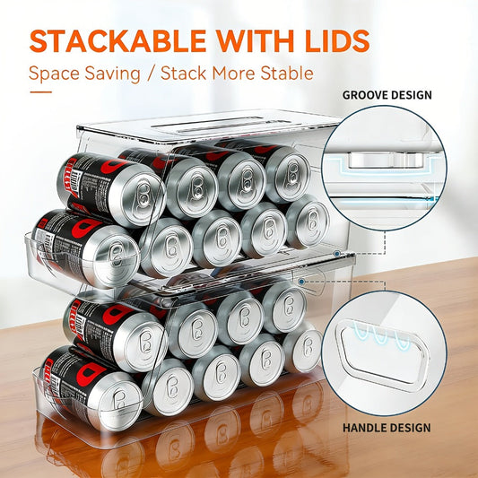 Soda Can Organizer for Refrigerator Stackable | Can Holder Dispenser with Lid for Fridge, Pantry & Freezer – Holds 9 Cans Each, BPA-Free Clear Design, 1 or 2 Pack