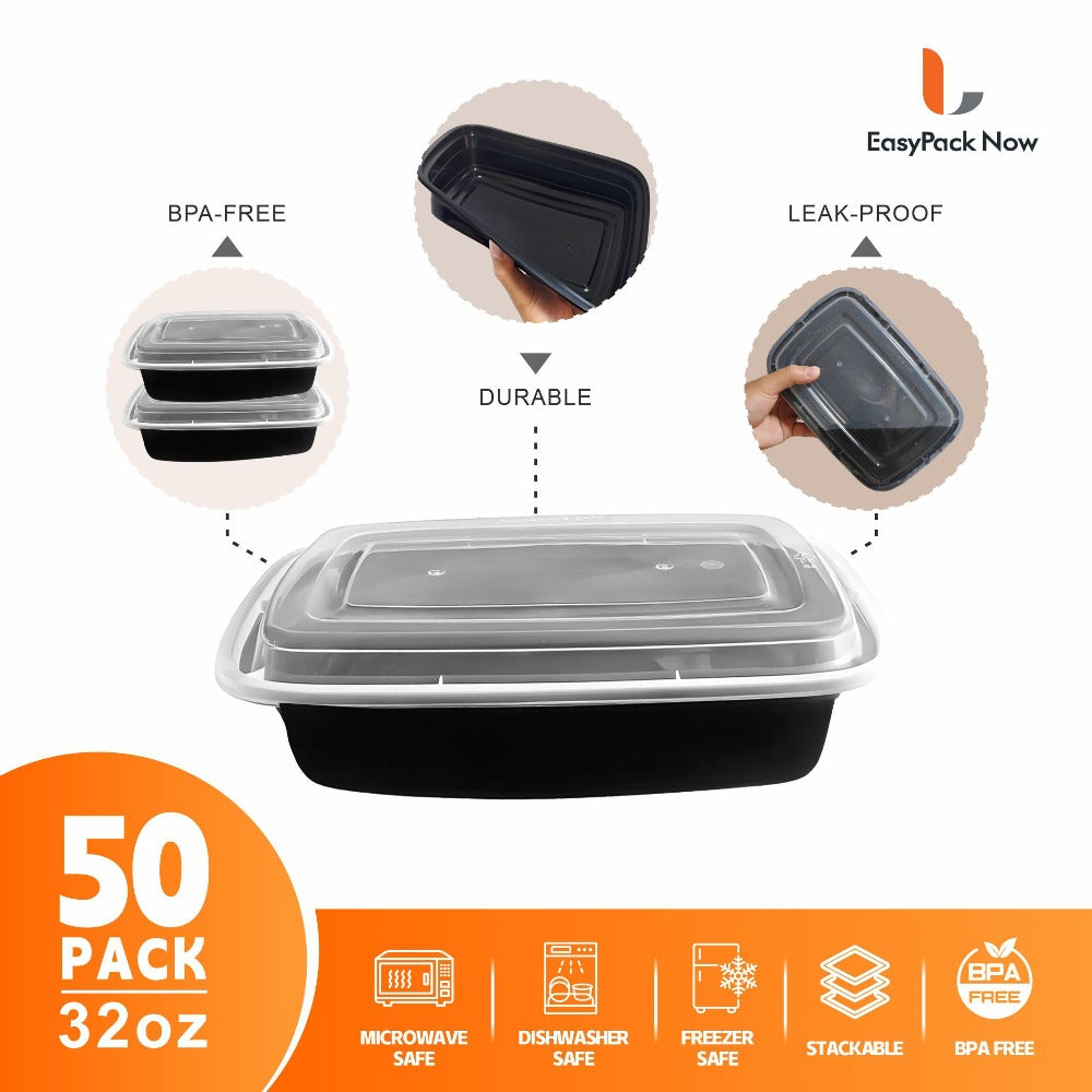 Meal Prep Containers with Lids 50 Pack BPA Free – 32oz & 38oz Stackable Disposable Plastic Food Storage Containers, Microwave Dishwasher Freezer Safe | Restaurant, Catering, Home Kitchen & Lunch Boxes
