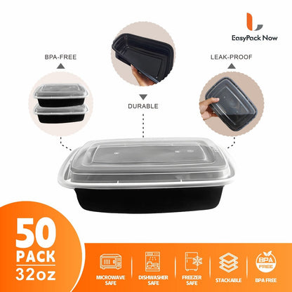Meal Prep Containers with Lids 50 Pack BPA Free – 32oz & 38oz Stackable Disposable Plastic Food Storage Containers, Microwave Dishwasher Freezer Safe | Restaurant, Catering, Home Kitchen & Lunch Boxes