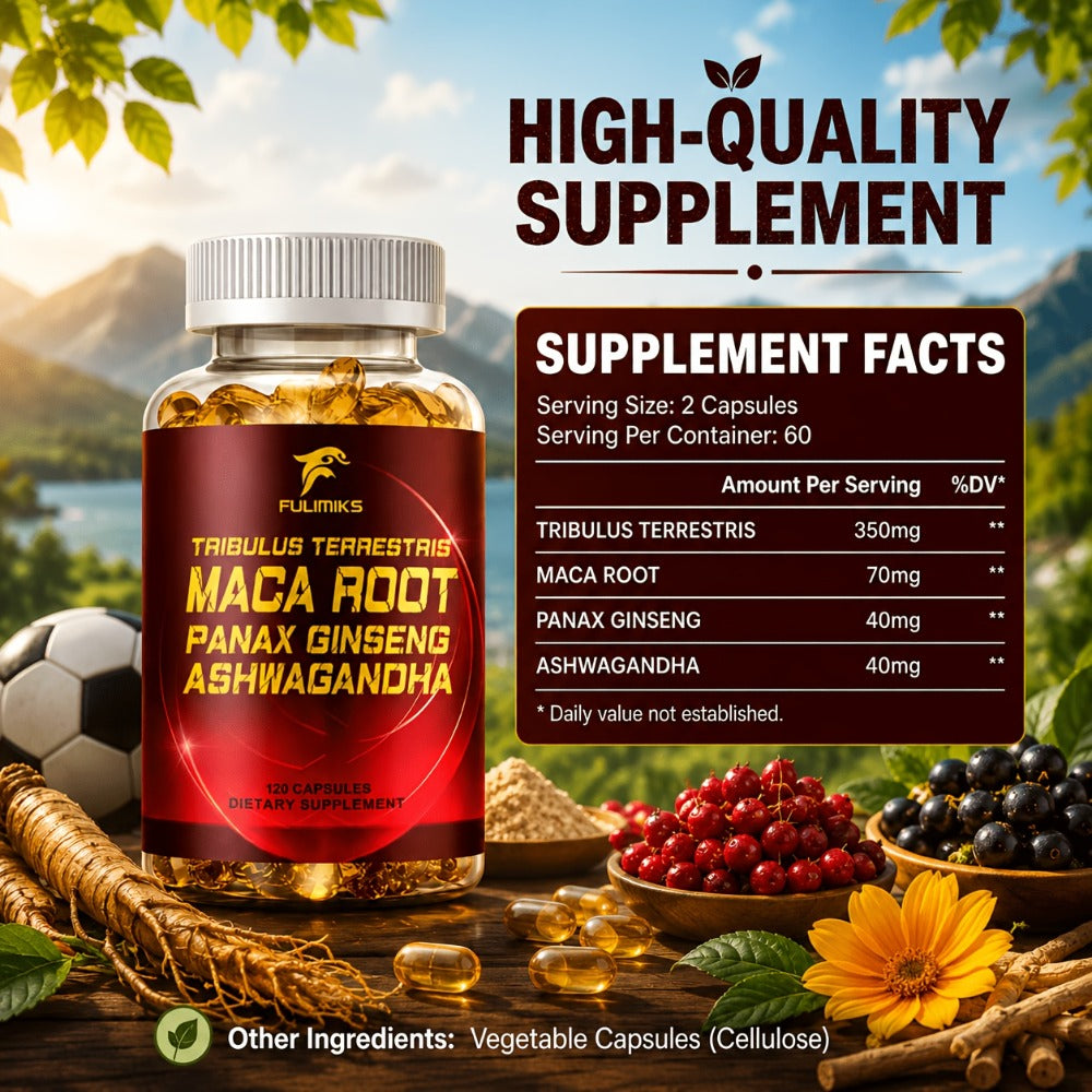 Men's Vitality Capsules with Tribulus Terrestris, Maca Root, Panax Ginseng & Ashwagandha – Daily Immune & Energy Support Supplement for Men | 120 Capsules | ShopVora UK