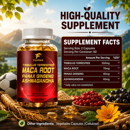 Men's Vitality Capsules with Tribulus Terrestris, Maca Root, Panax Ginseng & Ashwagandha – Daily Immune & Energy Support Supplement for Men | 120 Capsules | ShopVora UK