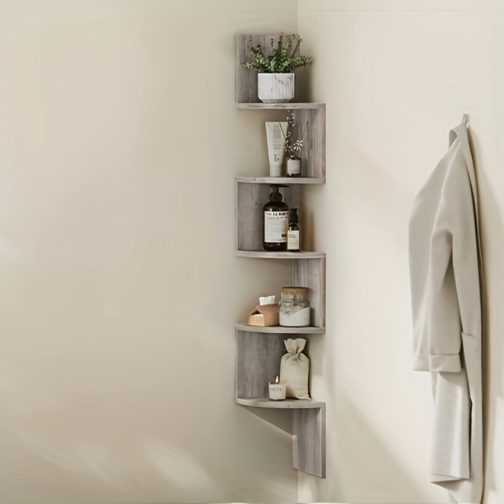 Corner Floating Shelf 5-Tier Wall Mount, Space Saving Storage Rack for Bedroom Living Room, Radial Display Organizer, Easy Install, 7.9"×7.9"×49.6", Black White Brown Greige Beige