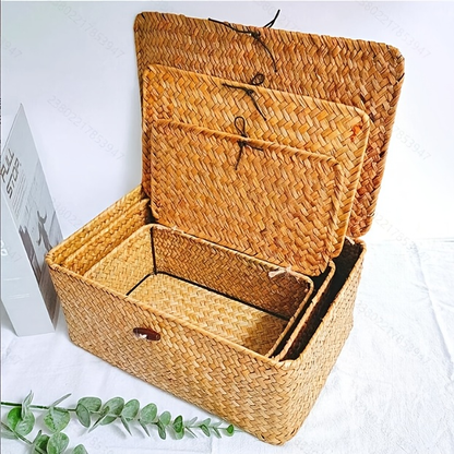Rattan Storage Basket Set of 3 - Handwoven Wicker Organizer Bins with Lattice Lid & Label, Rustic Farmhouse Baskets for Kitchen Bathroom Pantry Shelf