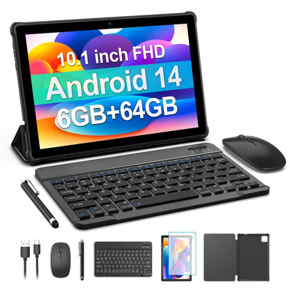 10 Inch 2-in-1 Android 14 Tablet with Keyboard Mouse Stylus – 6GB RAM 64GB ROM 1TB Expandable, WiFi 6, 6000mAh Battery, Quad-Core, Dual Camera, GMS Certified Tablet PC