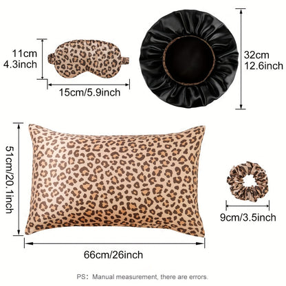 Four-Piece Leopard Print Pillowcase and Sleep Accessory Set with Three Exact Standard-Size Patterns