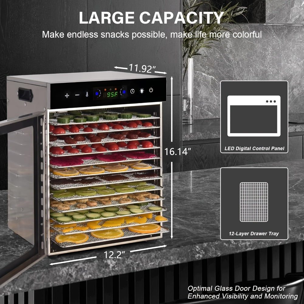 12-Tray Cabinet Food Dehydrator with 800W Heating, 24-Hour Timer and 86–194°F Digital Temperature Control