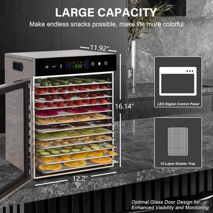 12-Tray Cabinet Food Dehydrator with 800W Heating, 24-Hour Timer and 86–194°F Digital Temperature Control