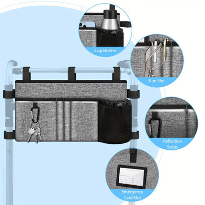Six-Pocket Walker Tote Bag with Cup Holder, Reflective Strip and Three Color Options for Rollators