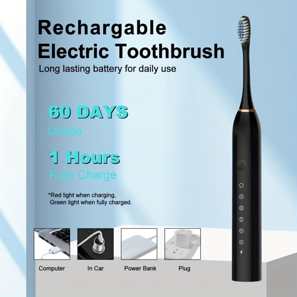 Sonic Electric Toothbrush with 6 Modes & Smart Timer – USB Rechargeable, Soft Bristles for Sensitive Gums, Whitening Oral Care for Men & Women, Black White Pink