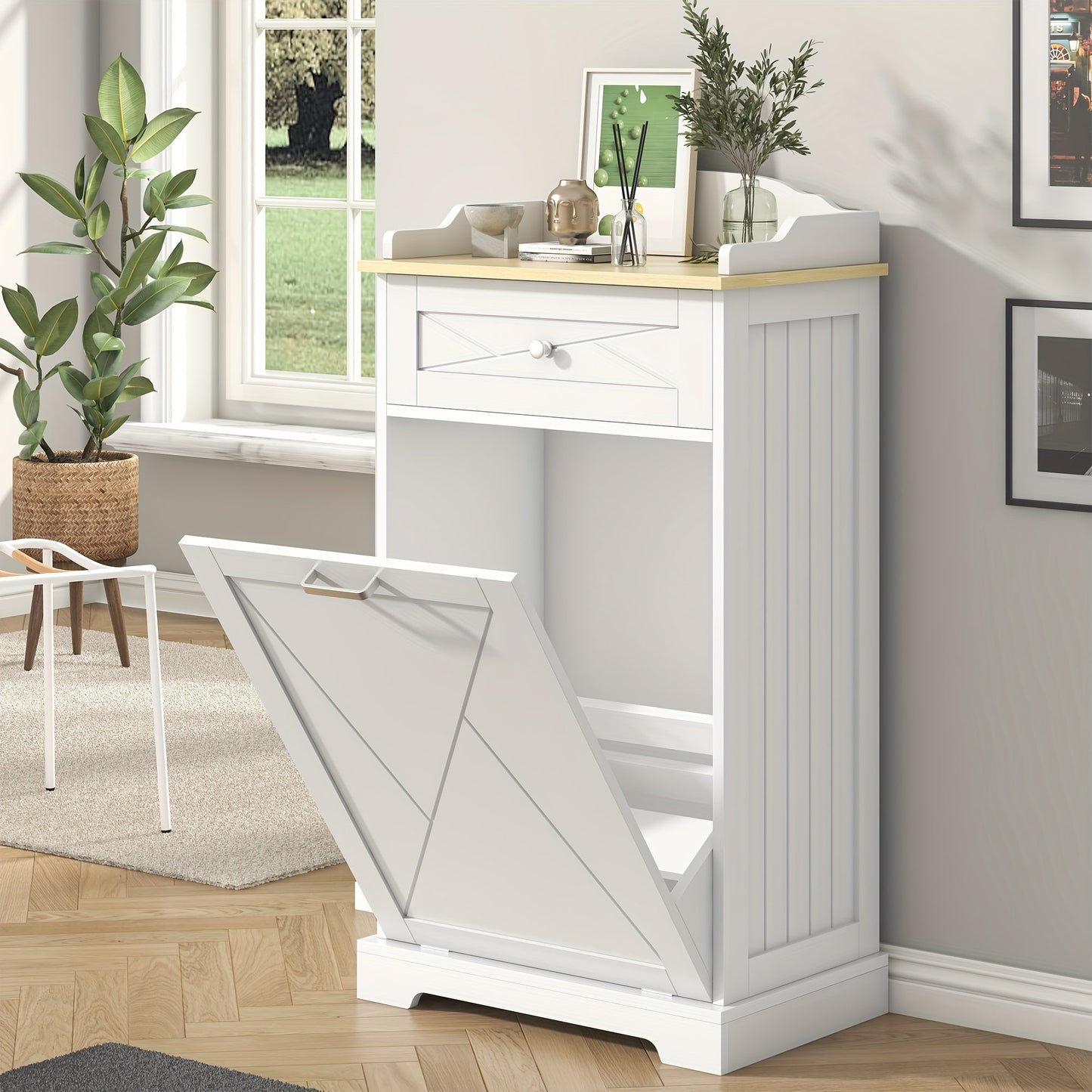 Storage Cabinet 12-Gallon Tilt-Out Trash Bin Enclosure with Top Drawer and Two Color Options