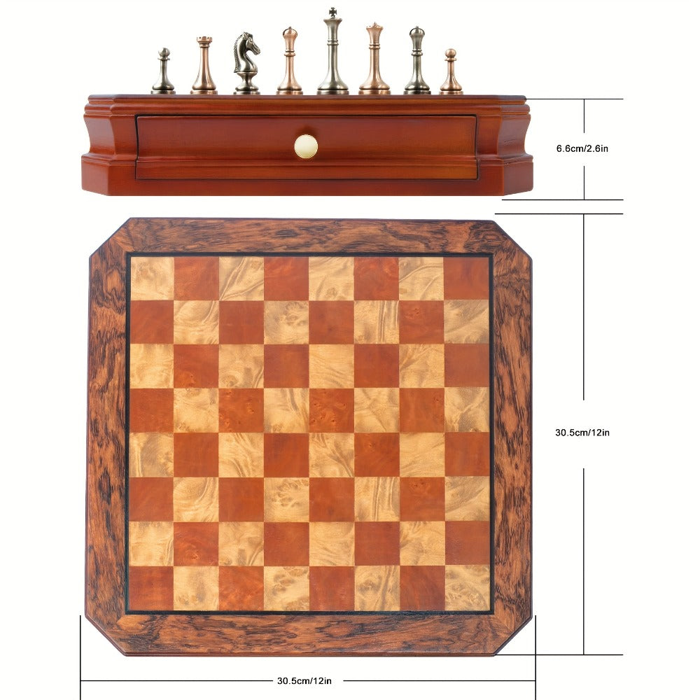12-Inch Wooden-Style Chess Set with Metal-Finish Pieces, Two Storage Drawers and Two Extra Queens for Adults