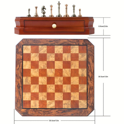 12-Inch Wooden-Style Chess Set with Metal-Finish Pieces, Two Storage Drawers and Two Extra Queens for Adults