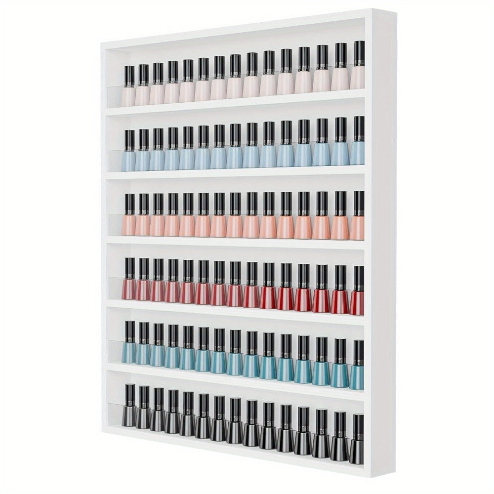 Wall Mount Nail Polish Rack 6 Tier Holds 120 Bottles with Acrylic Baffles — Large Nail Varnish Display Shelf Organizer for Salon Home White Black