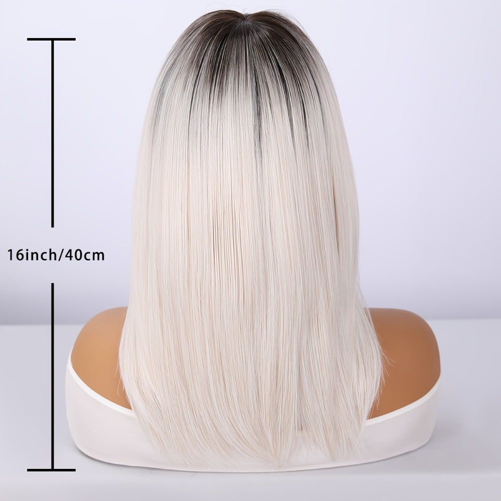 Synthetic Wig 16-Inch White Gradient Straight Style with Bangs and Glueless Rose Net Cap for Cosplay