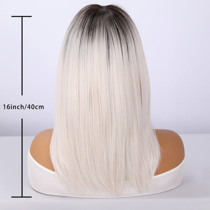 Synthetic Wig 16-Inch White Gradient Straight Style with Bangs and Glueless Rose Net Cap for Cosplay